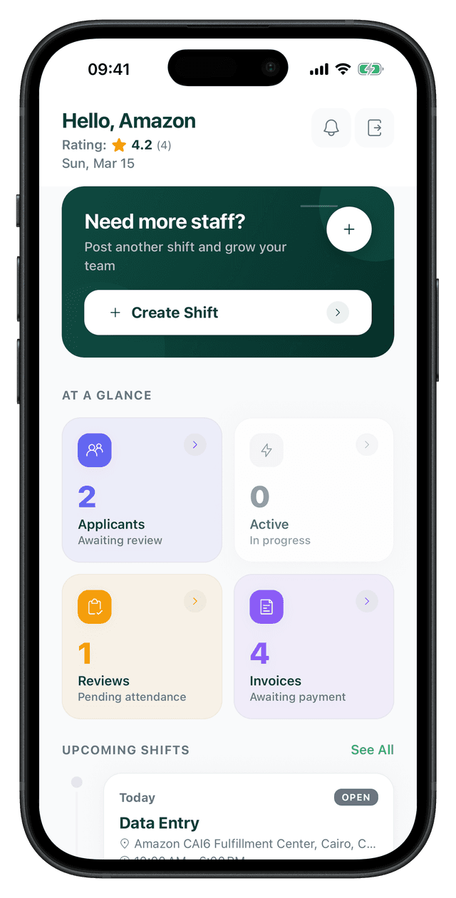 gig business dashboard showing shift management