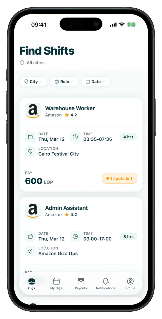 gig worker app showing available shifts